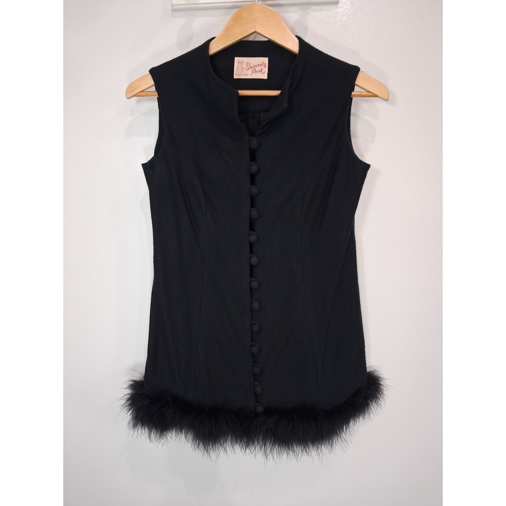 1960s University Park Black Sleeveless Longline Top Feather Trim Vintage Glam